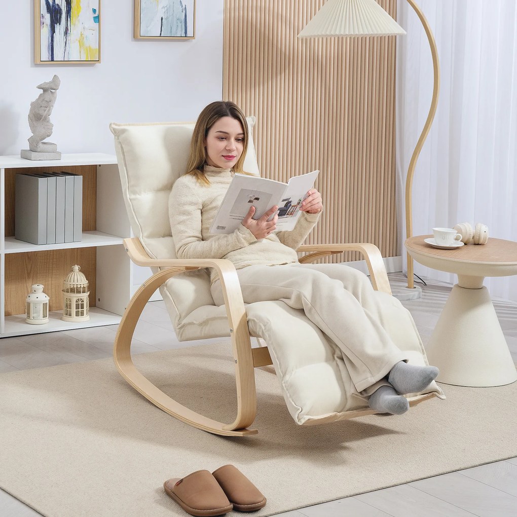 Cadeira de baloiço estofada, cadeira relaxante com braços e estrutura em aço, para sala de estar, quarto, cor creme