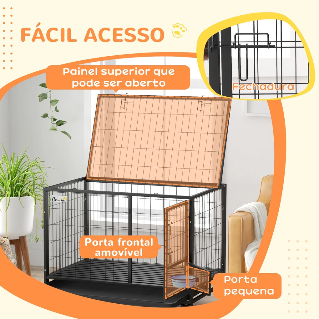 Gaiola para Cães com Parte Superior Rebatível Suporte de Tigelas Bandeja Amovível Rodas e Porta Dupla 109x72x79 cm Preto