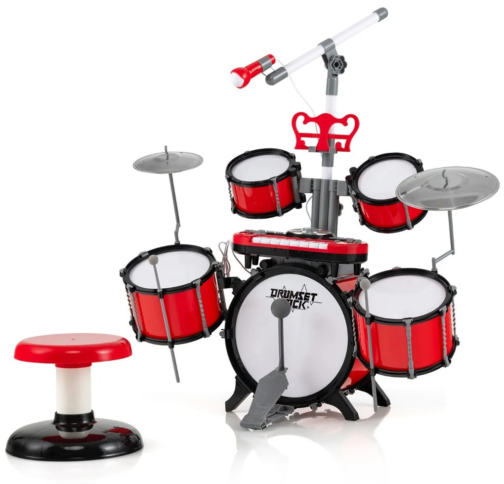 Conjunto de bateria para crianças com microfone e Banco Teclado multifunções Instrumento de percussão de brinquedo multifunções Vermelho