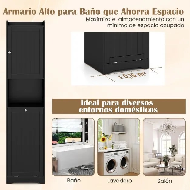 Armário de casa de banho com arrumação 40 x 40 x 170 cm prateleira ajustável, saco de roupa suja com alças longas e curtas preto