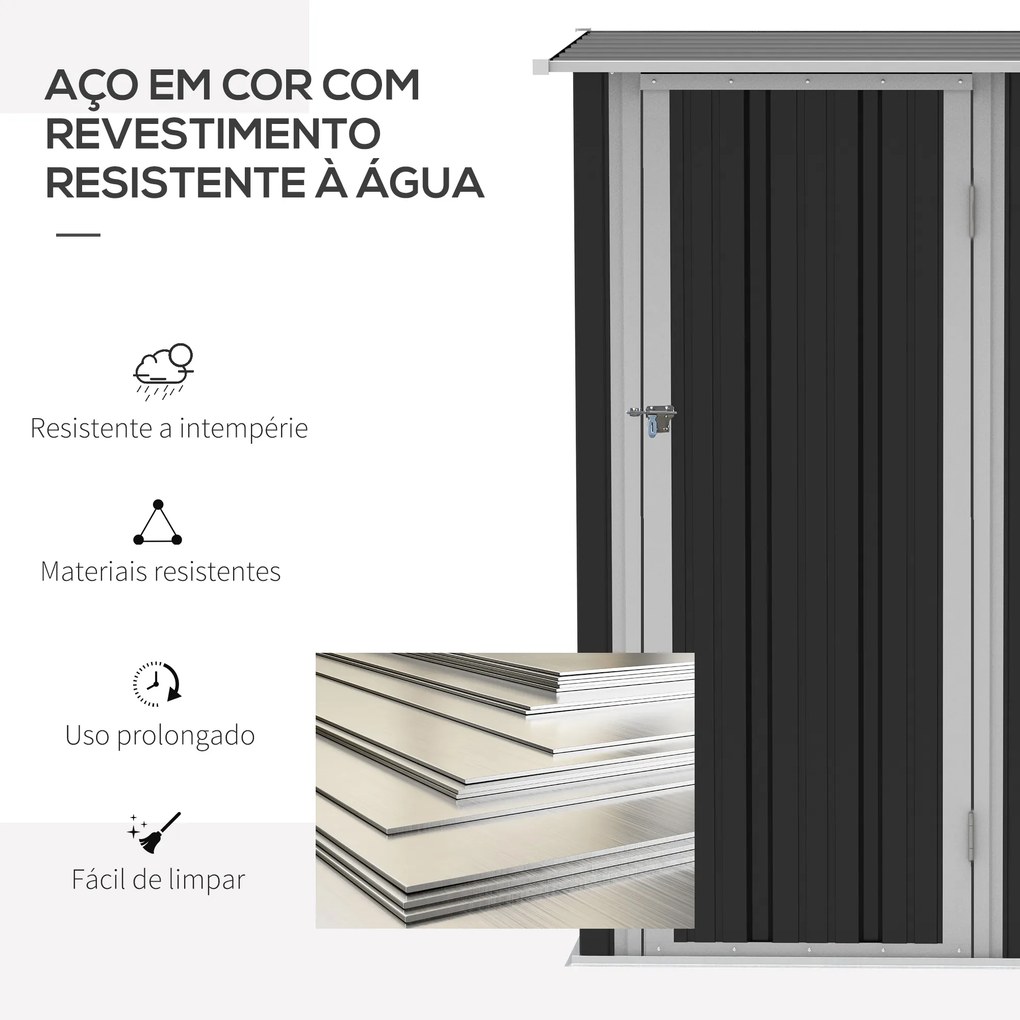 Outsunny Abrigo de Jardim 1,07m² 142x84x189cm Abrigo de Jardim de Aço Galvanizado com Porta Fechadura e Orifícios de Drenagem para Armazenamento de Ferramentas Cinza