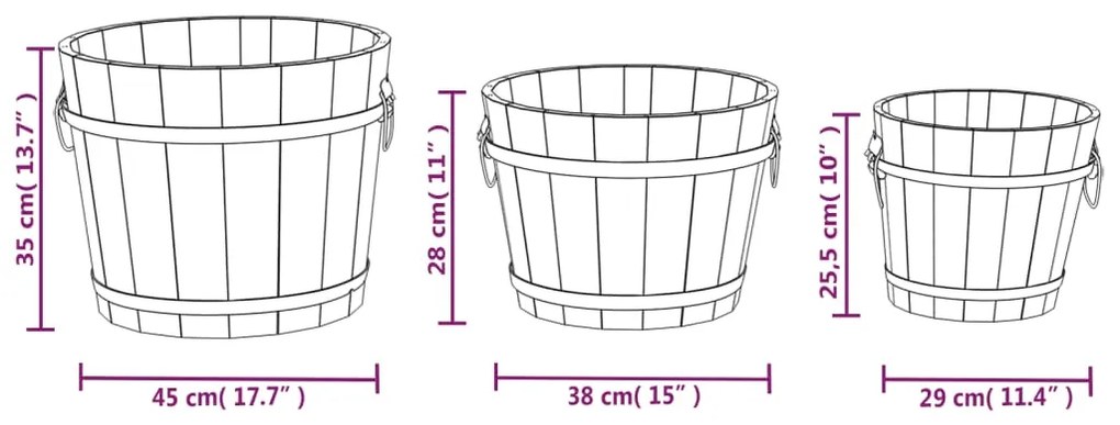 3 pcs conjunto de vasos em forma de balde abeto maciço