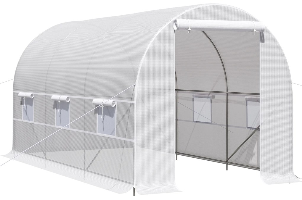 Outsunny Estufa Tipo Túnel 400x200x200cm Estufa de Jardim com Portas Enroláveis e 6 Janelas Cobertura de PE 140 g/m² Branco | Aosom Portugal