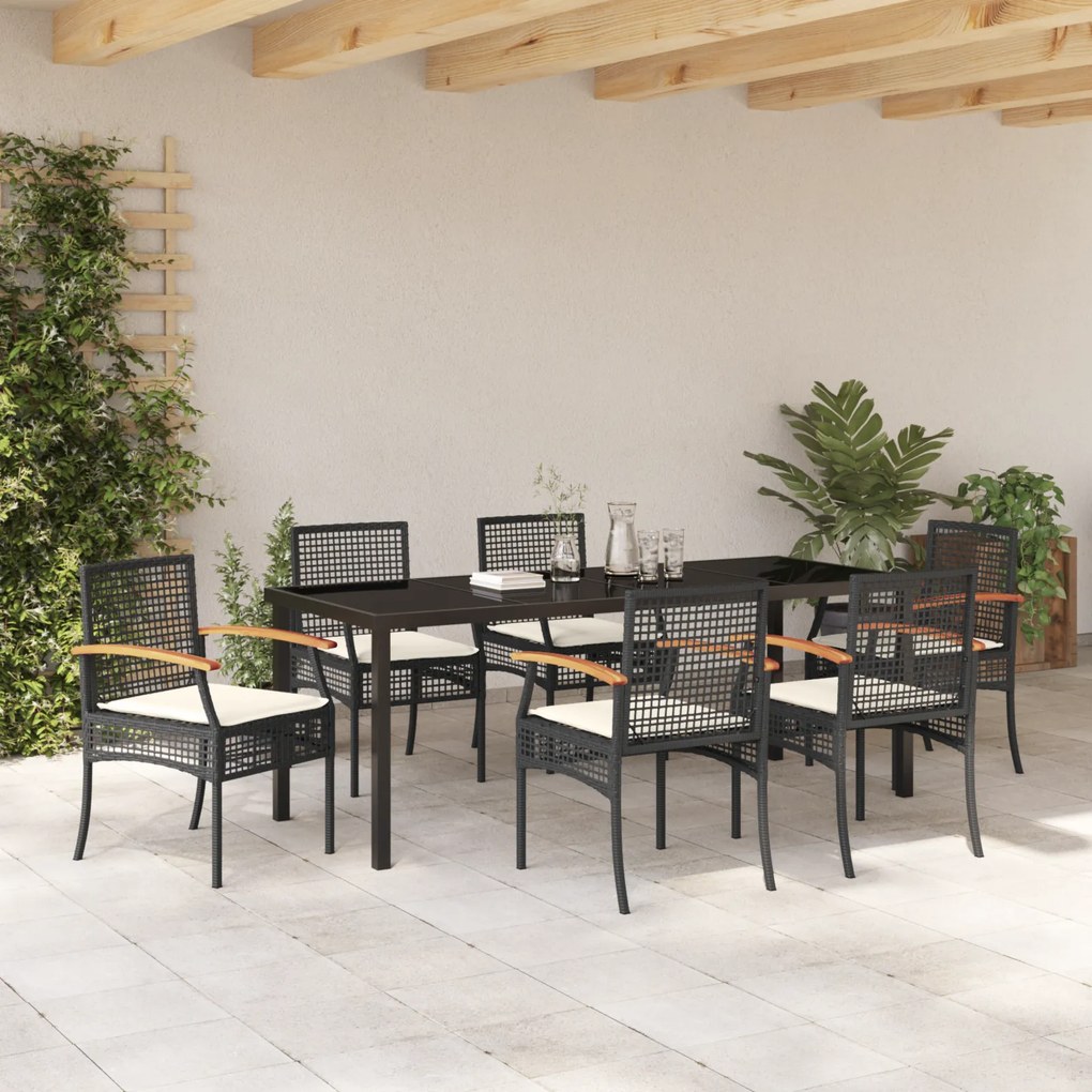 Conjunto de Jantar de Jardim de 7 Peças com Almofadas Preto Vime PE