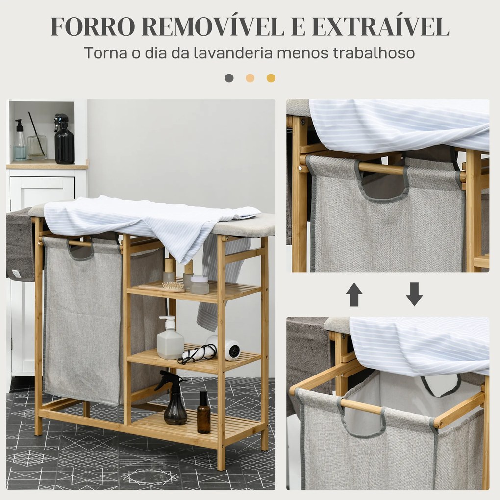 Cesto de Roupa Suja 57,4 L com Tábua de Passar Suporte para Ferro 3 Prateleiras e Bolsa Removível 113x34x82 cm Madeira e Cinza