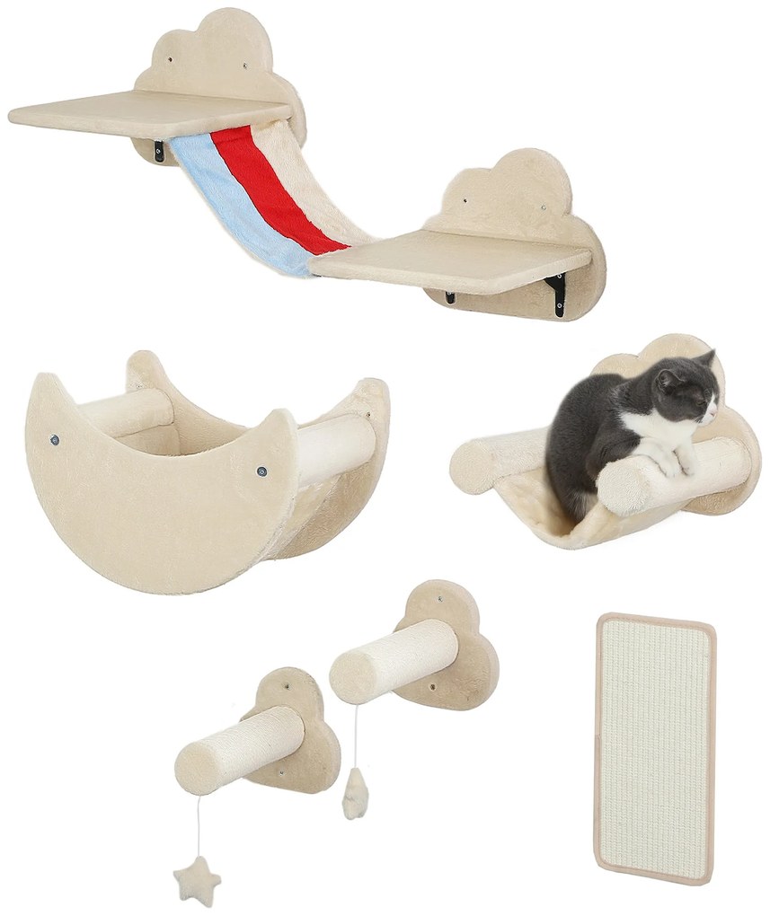 Conjunto de Prateleiras de Escalada para Gatos de 6 Peças com Rede Plataformas Escadas Tábua de Arranhar e Poste de Sisal Bege
