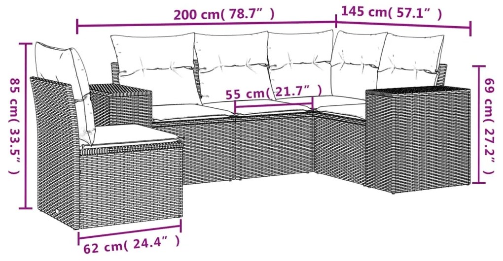 5 pcs conjunto sofás p/ jardim c/ almofadões vime PE castanho