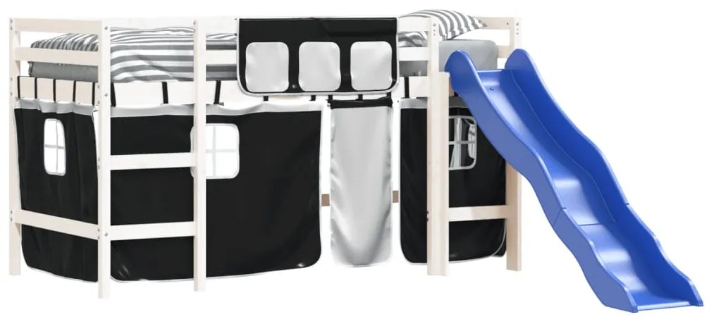 Cama alta criança c/ cortina 80x200cm pinho maciço branco/preto