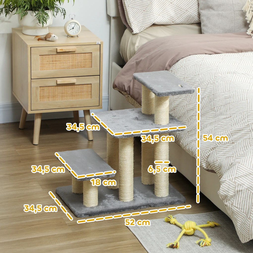 Escada ajustável para animais de estimação com 3 degraus, escada para gatos e cães, com arranhadores de sisal e bola, 52 x 34,5 x 54 cm, cinzenta