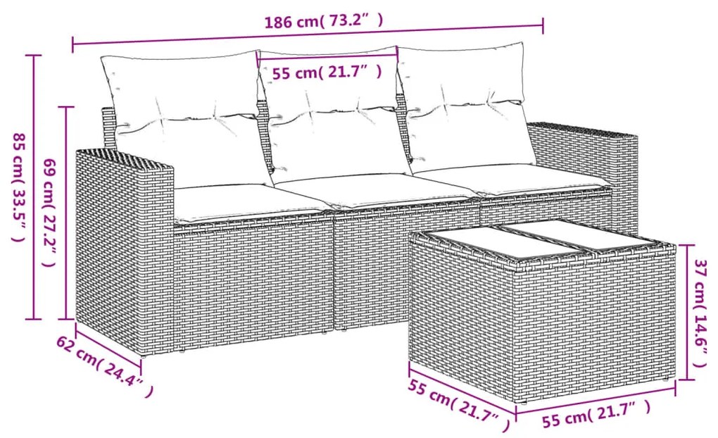 4 pcs conjunto de sofás para jardim c/ almofadões vime PE bege