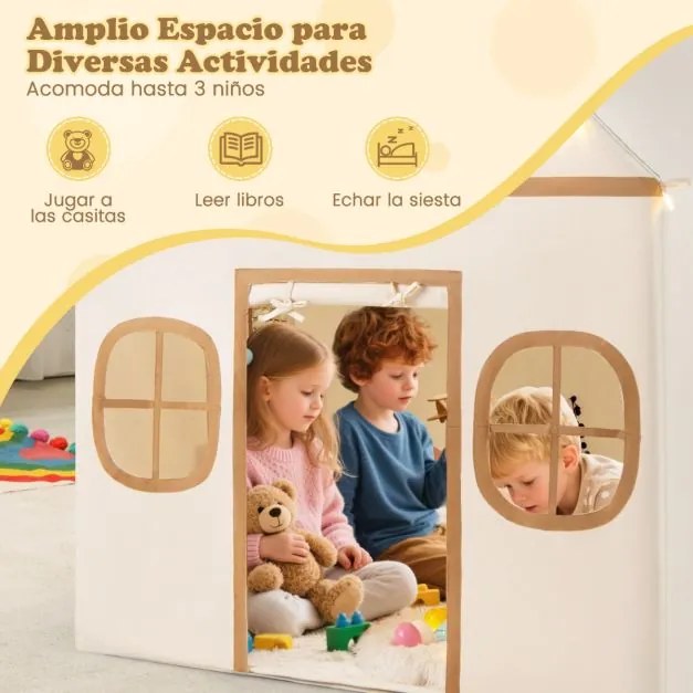 Casa de brincar para crianças para interior 120 x 101 x 143 cm, com luzes de estrelas e tapete acolchoado a partir dos 3 anos Bege + Castanho