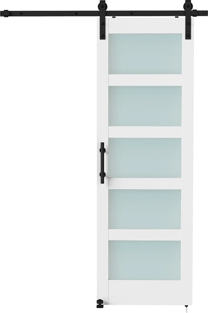 Porta de Correr com Ferragens 71x213 cm Porta de Correr Interior de MDF e Vidro Fosco com Rolo Trilho Guia de Chão Branco