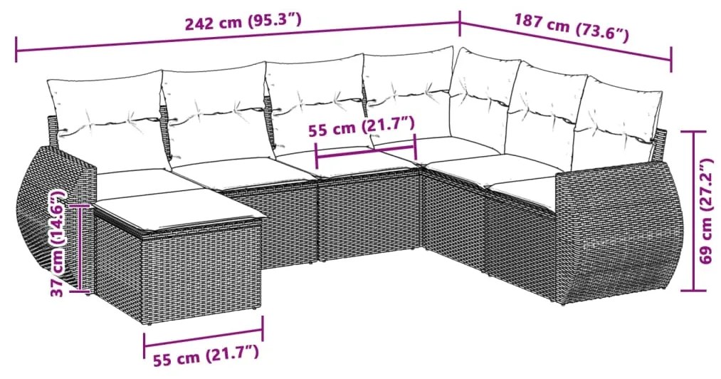 7 pcs conj. sofás jardim com almofadões vime PE cinzento-claro