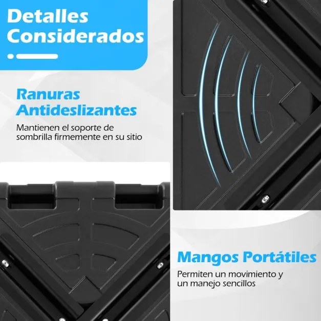 Base para guarda-sol de 45 litros / 60 kg, enchível com água ou areia, 67 x 67 x 13 cm