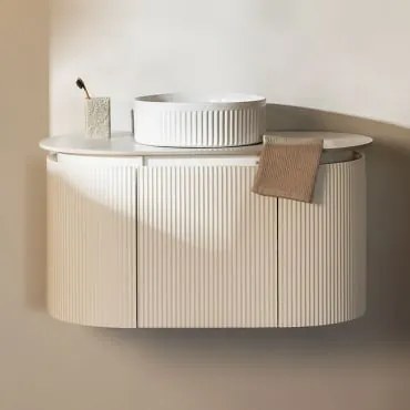 Conjunto De Móvel De Casa De Banho Suspenso Em Madeira Carsone Branco & Sem Unidade Auxiliar & Cerâmica Redonda Riscas Brancas Ø36 Cm - Sklum