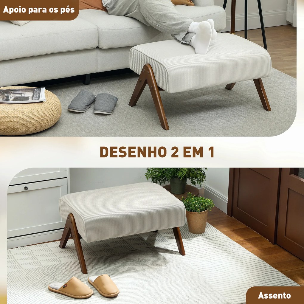 Apoio para Pés Estofado em Veludo Otomana Retangular com Assento Almofadado e Pés de Madeira 69x47x36 cm Bege