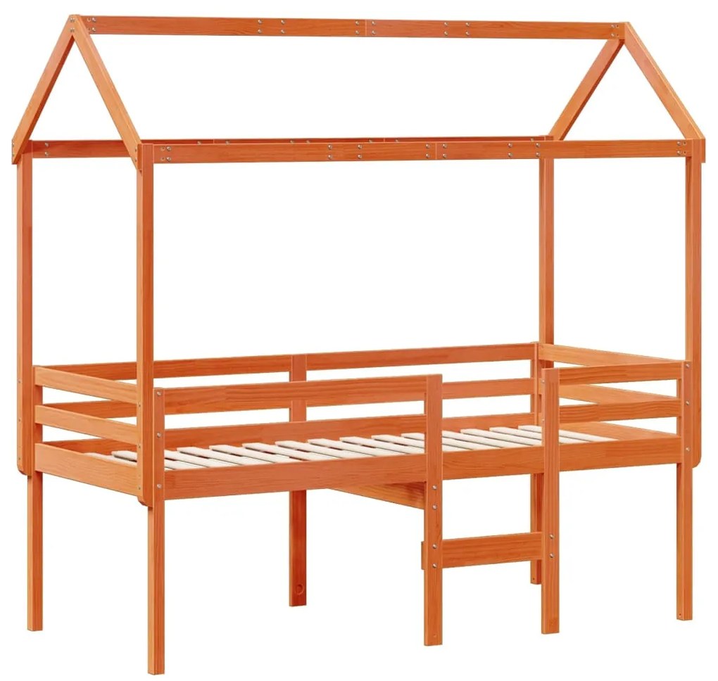 Cama alta com telhado 90x190 cm pinho maciço castanho-mel