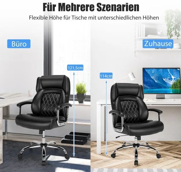 Cadeira de escritório ergonómica com capacidade de carga até 225 kg, com função de balanço, ajustável em altura, para pessoas grandes Preto