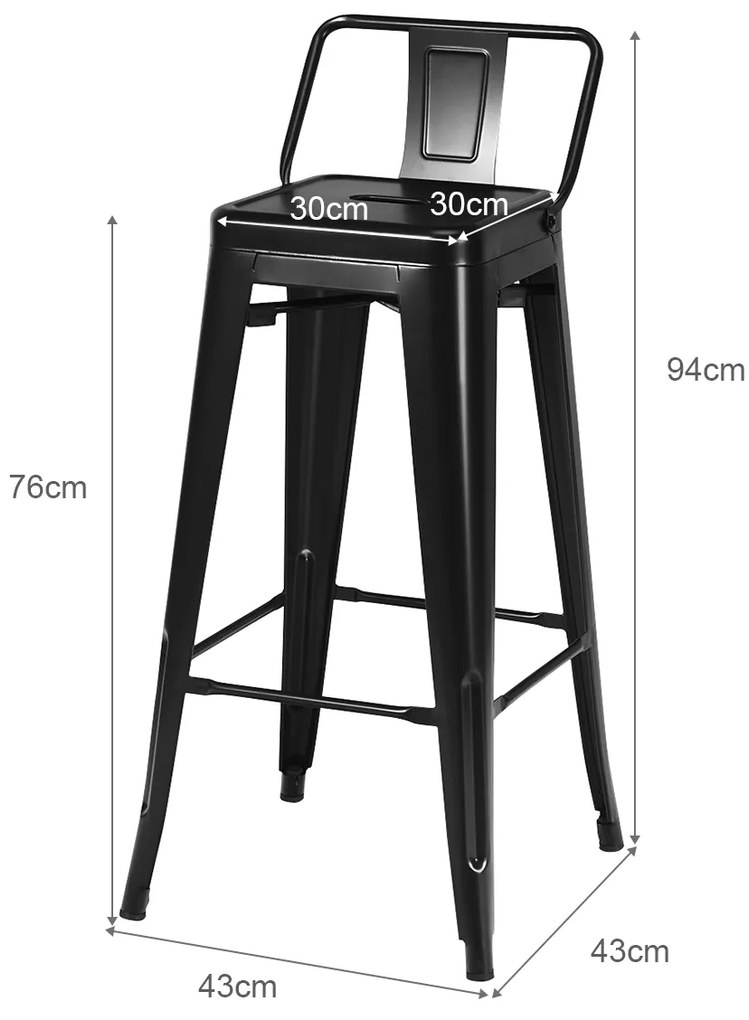 Conjunto de 4 Bancos de Bar de Cozinha, 43 x 43 x 94 cm, Empilháveis, Preto