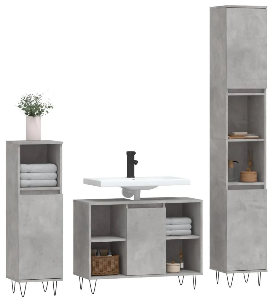 3 pcs conj. móveis casa banho derivados madeira cinza cimento