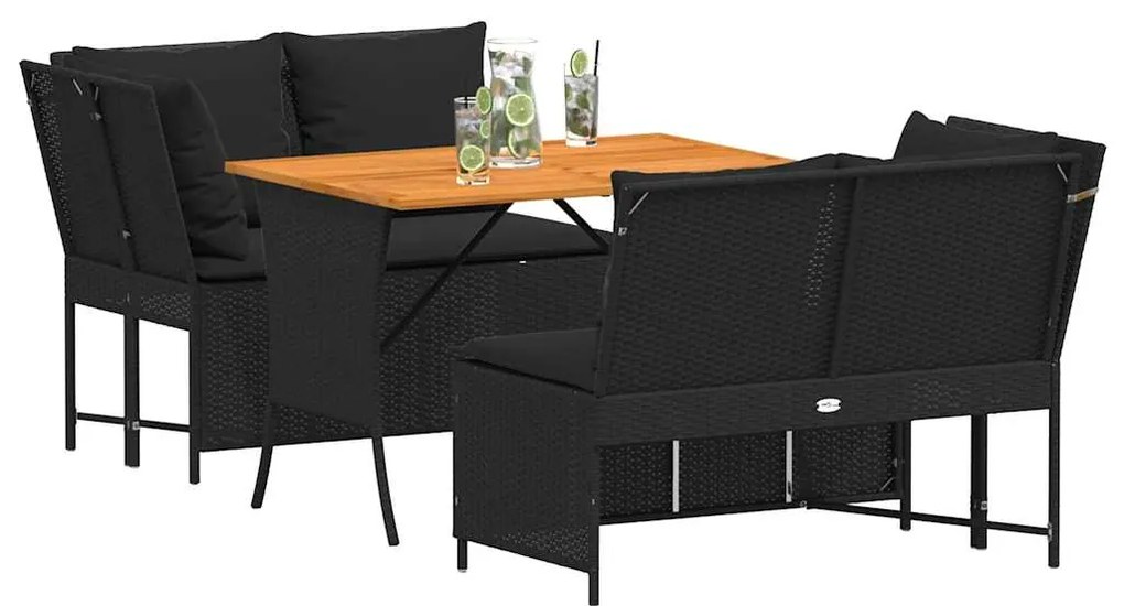 3 pcs conjunto sofás de jardim com almofadões vime PE preto