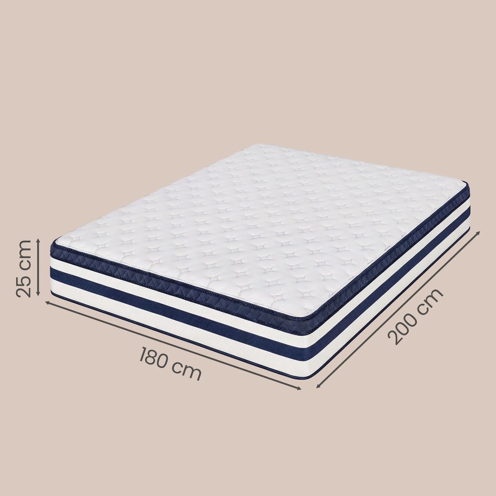 Colchão de molas ensacadas 180 x 200 x 25 cm de 7 zonas com espuma viscoelástica de gel, firmeza média H3 azul