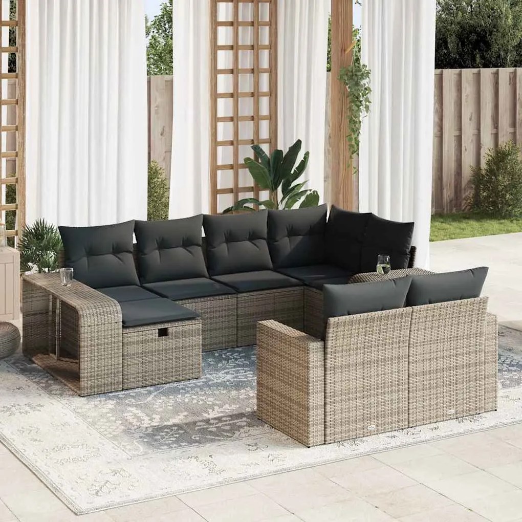 10 pcs conjunto sofás de jardim c/ almofadões vime PE cinzento