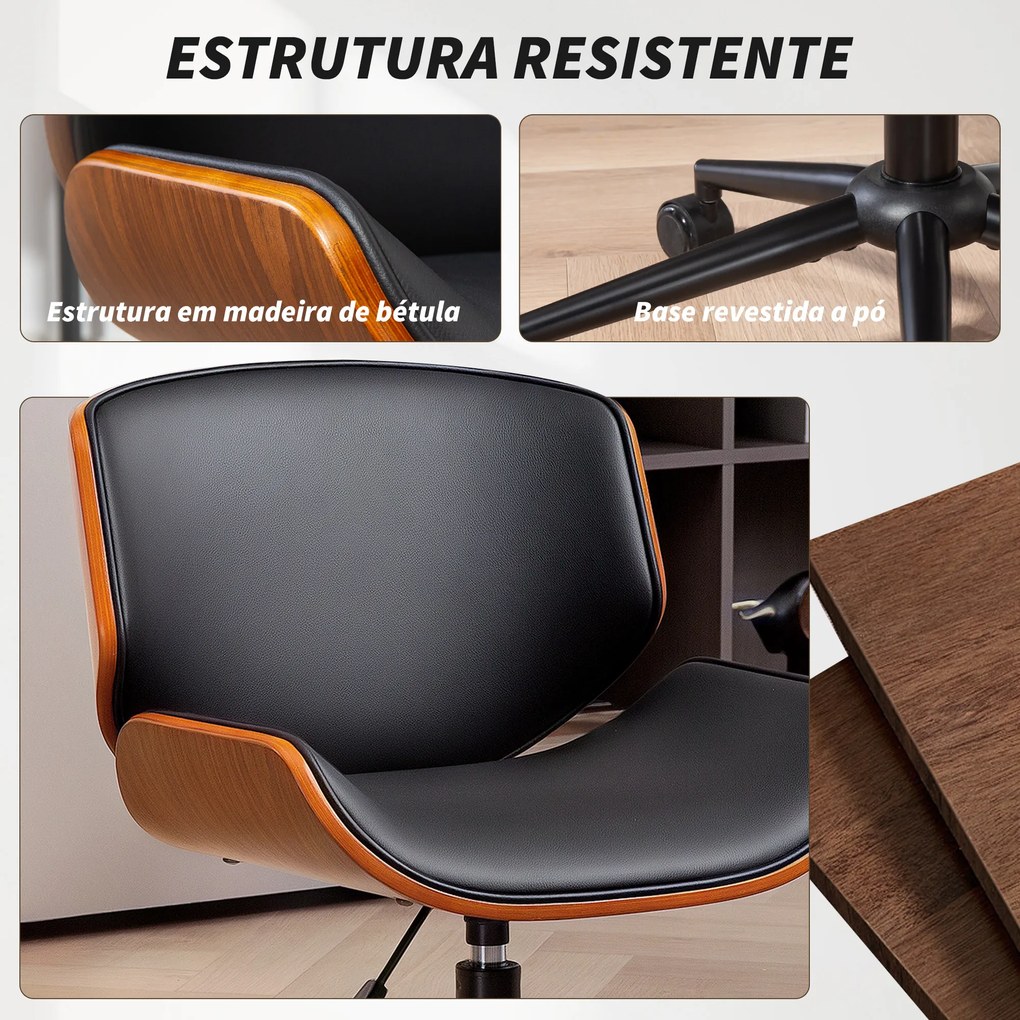 Cadeira de Escritório sem Braços Cadeira de Secretária Vintage Giratória Estofada em PU Altura Ajustável 52x54x74-84 cm Preto e Madeira