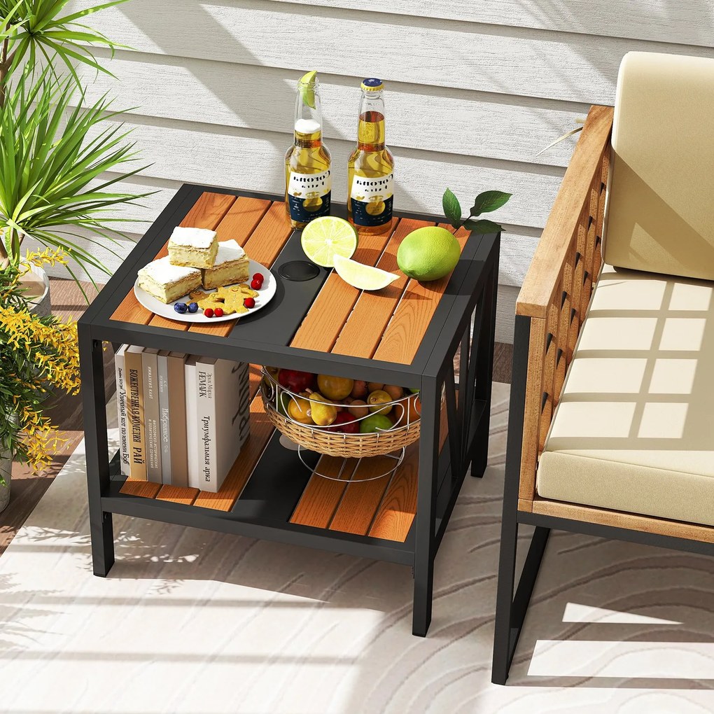 Mesa lateral de vime PE para área externa com furo para guarda-chuva de 4 cm