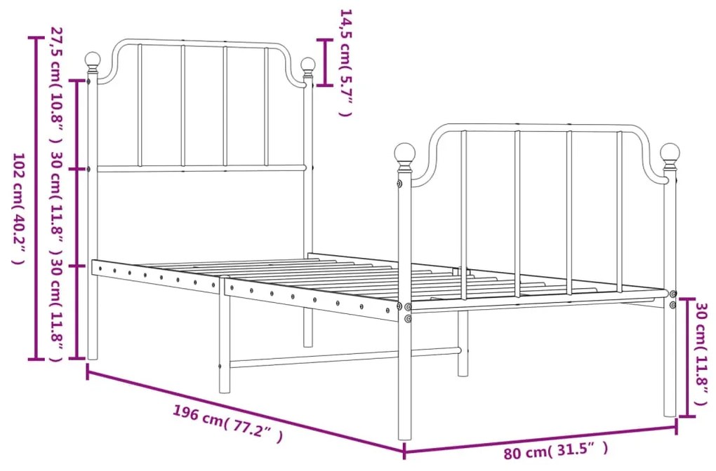 Estrutura de cama com cabeceira e pés 75x190 cm metal branco