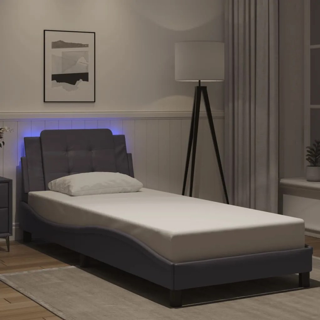 Estrutura cama c/ luzes LED 90x190 cm couro artificial cinzento