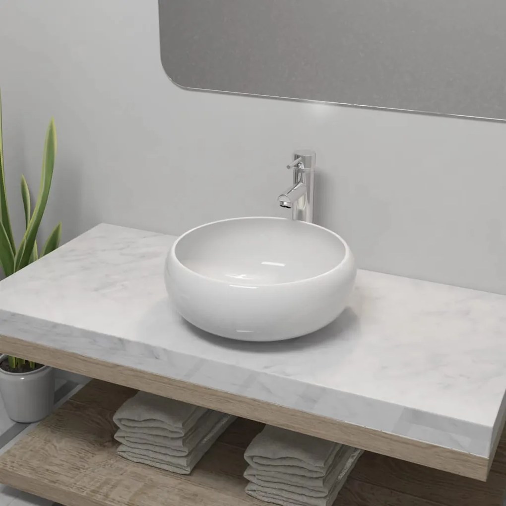 275495 vidaXL Lavatório com torneira misturadora cerâmica redondo branco
