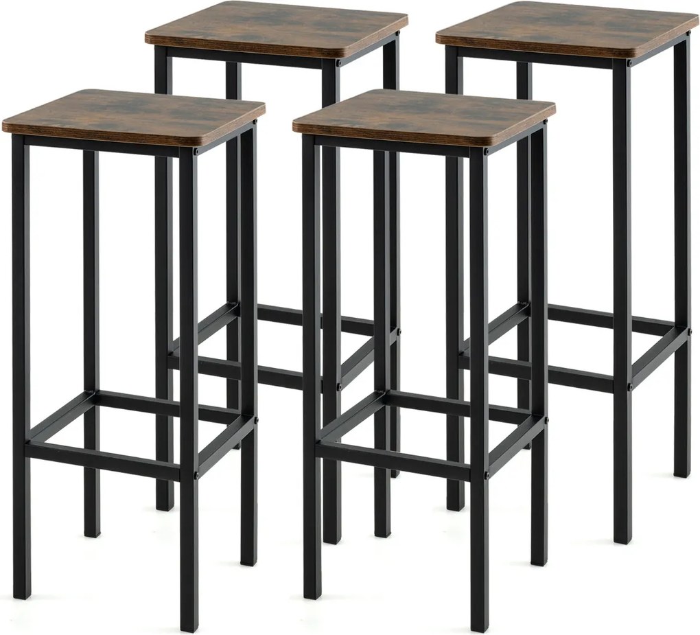 Conjunto de 4 bancos de bar sem encosto em altura de balcão com pernas de metal e apoio para os pés para cozinha Estilo industrial castanho