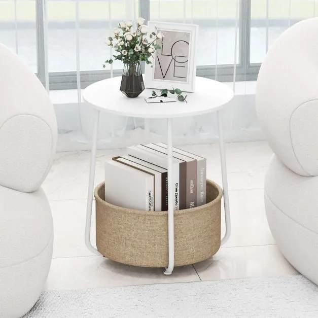 Mesa apoio, Mesa de cabeceira redonda 45 x 45 x 50,5 cm de 2 níveis com cesto de armazenamento em tecido pequena moderna Branca