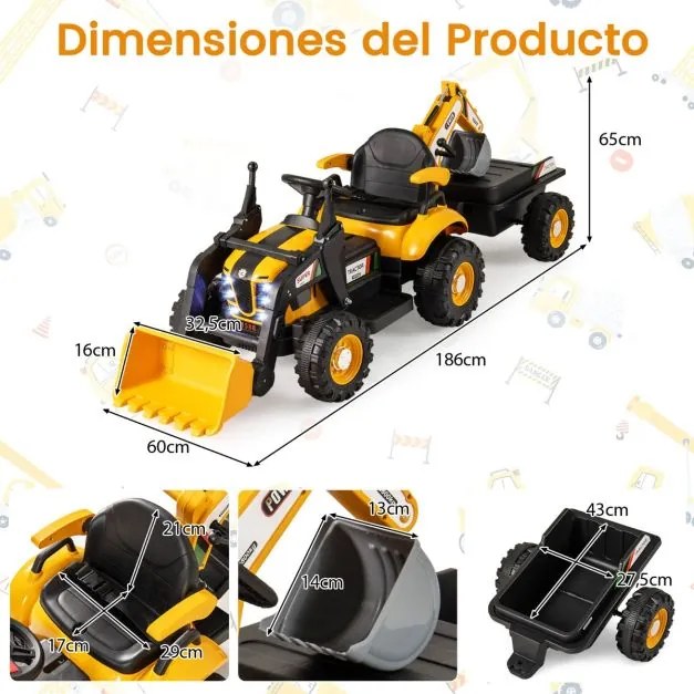 Trator elétrico 4 em 1 para crianças 12V com controle remoto, pá, reboque removível e luzes LED para crianças de 3 a 8 anos, 185 x 58 x 65 cm, amarelo