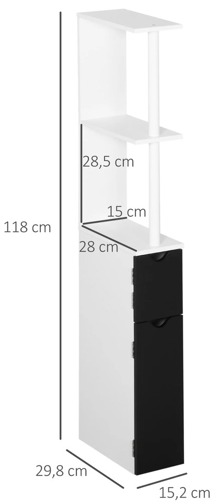 kleankin Armário Casa de Banho com 2 Portas e 2 Prateleiras Abertas Coluna Auxiliar para Casa de Banho Sala de Estar Dormitório Estilo Moderno 15,2x29,8x118cm Branco e Preto