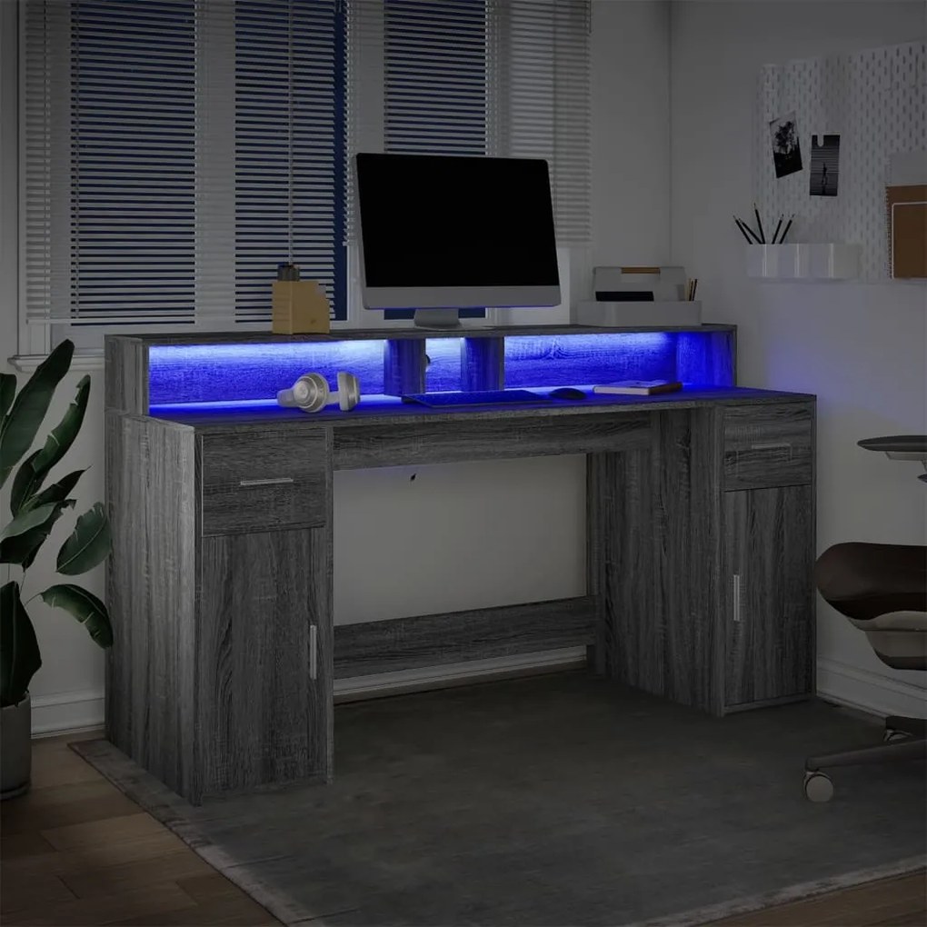 Secretária luzes LED 160x55x91cm deriv. madeira cinzento sonoma