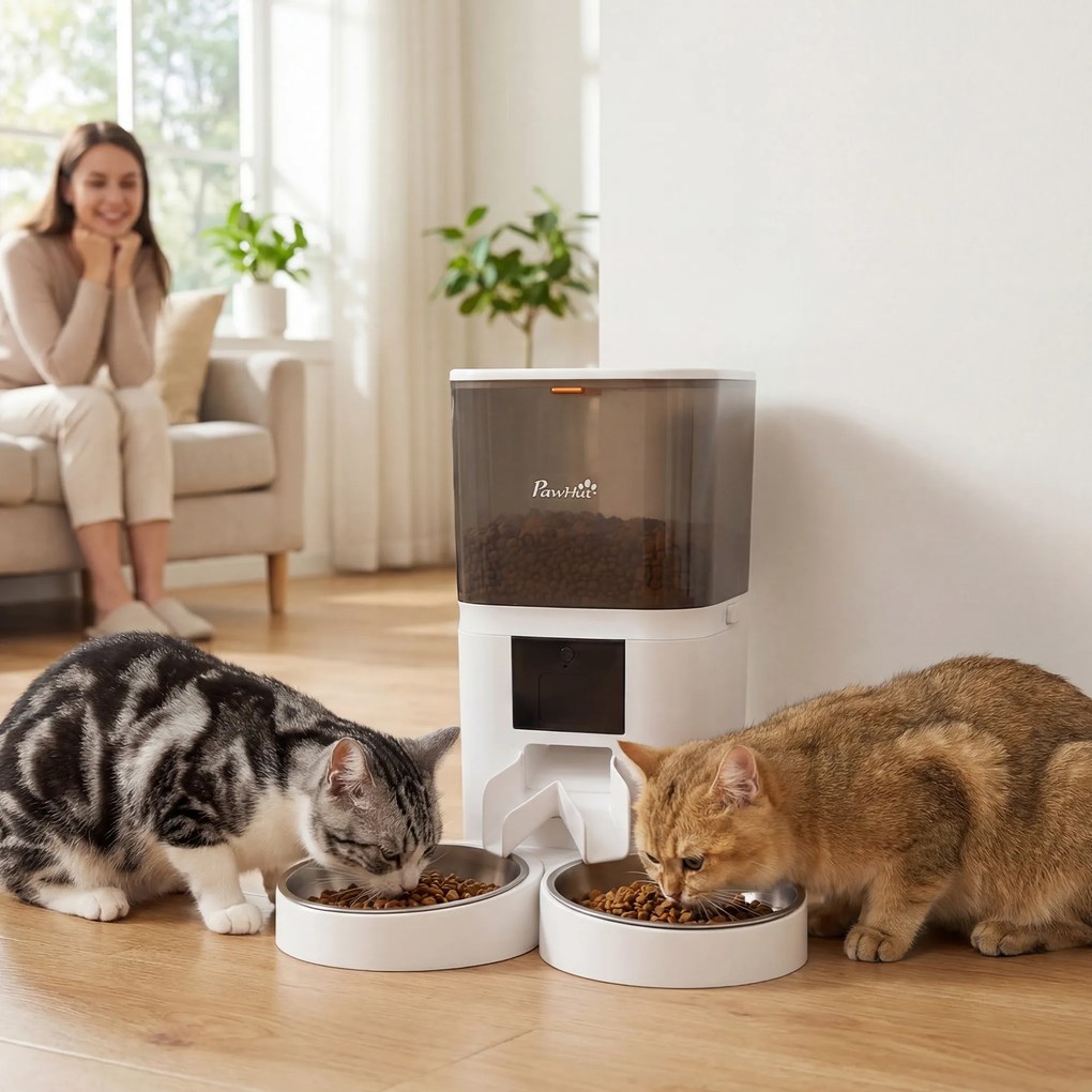 Comedouro Automático 6L WiFi 2.4G com Controlo App 2 Taças Programável 1-10 Refeições Gravador de Voz 10s Fácil de Limpar