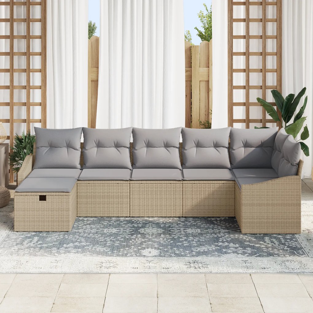 Conjunto de Sofá de Jardim de 7 Peças com Almofadas Bege Poliratan