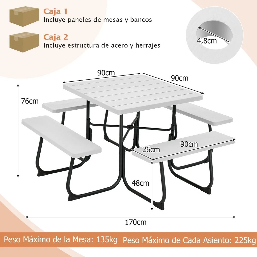 Conjunto de moveis jardim Mesa redonda e 4 bancos para 8 pessoas Carga 225 kg para jardim terraço campismo Branco