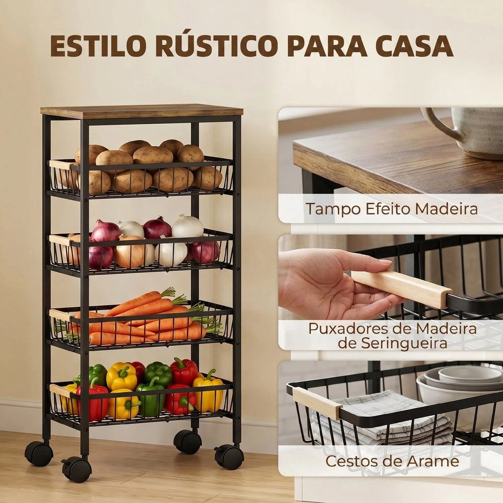 Carrinho Auxiliar com Rodas 4 Cestos Amovíveis 15 kg Estrutura Metálica para Sala de Jantar 40x24x81,5 cm Castanho Rústico