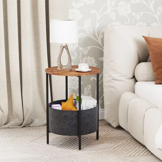 Mesa de apoio redonda 44 x 61 cm para espaços pequenos de 2 níveis com cesto de tecido Estrutura metálica Castanho