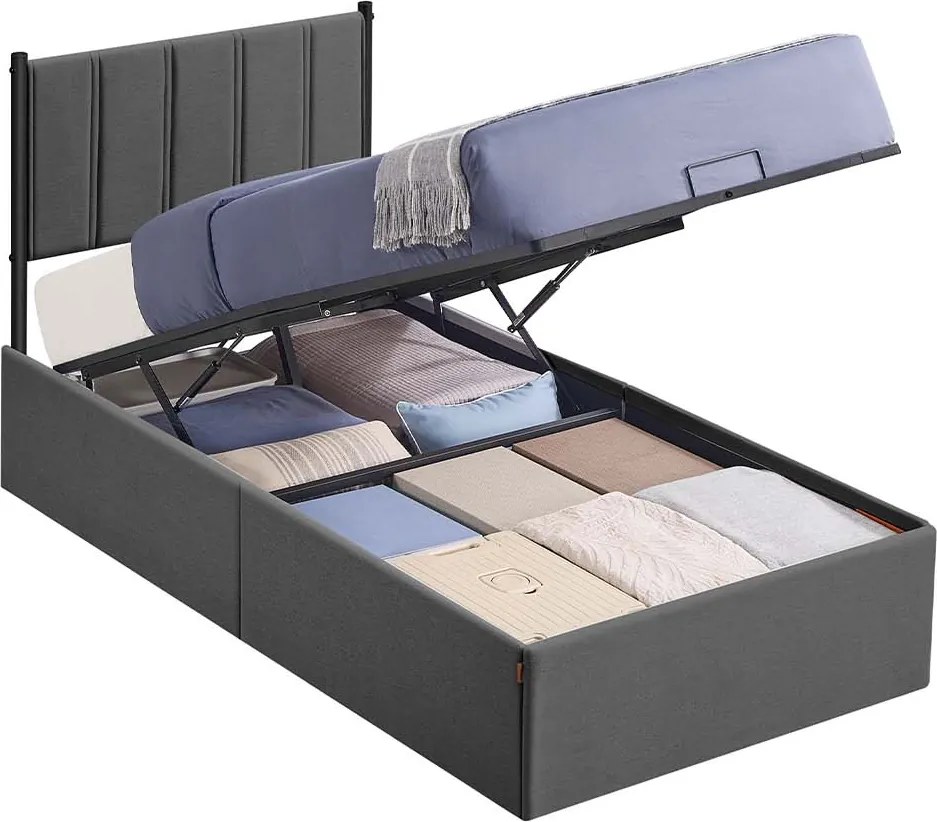Estrutura de cama 90 x 200 cm com base de ripas rebatível (COLCHÃO NÃO INCLUÍDO) e arrumação debaixo da cama cinzento escuro