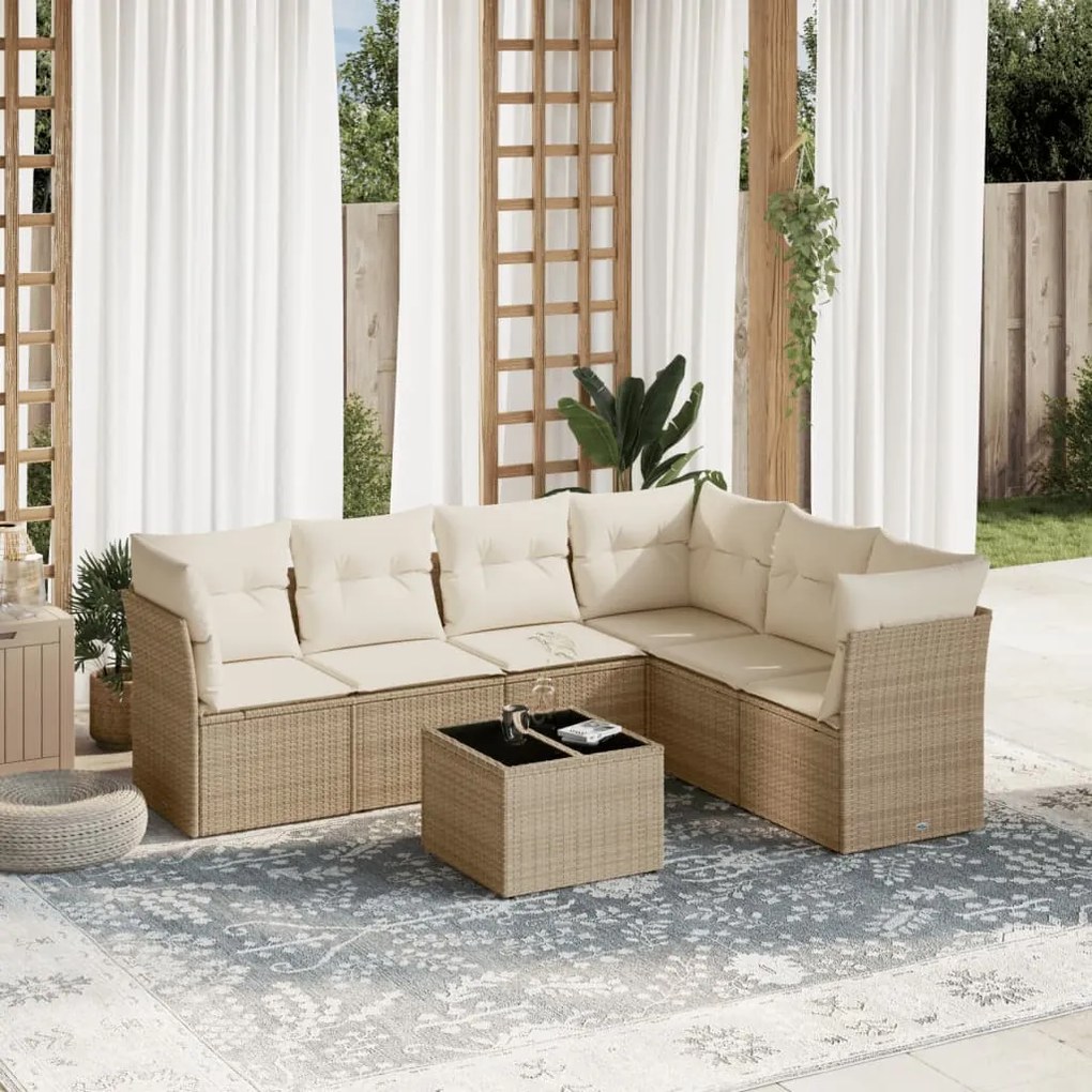 7 pcs conjunto de sofás p/ jardim com almofadões vime PE bege