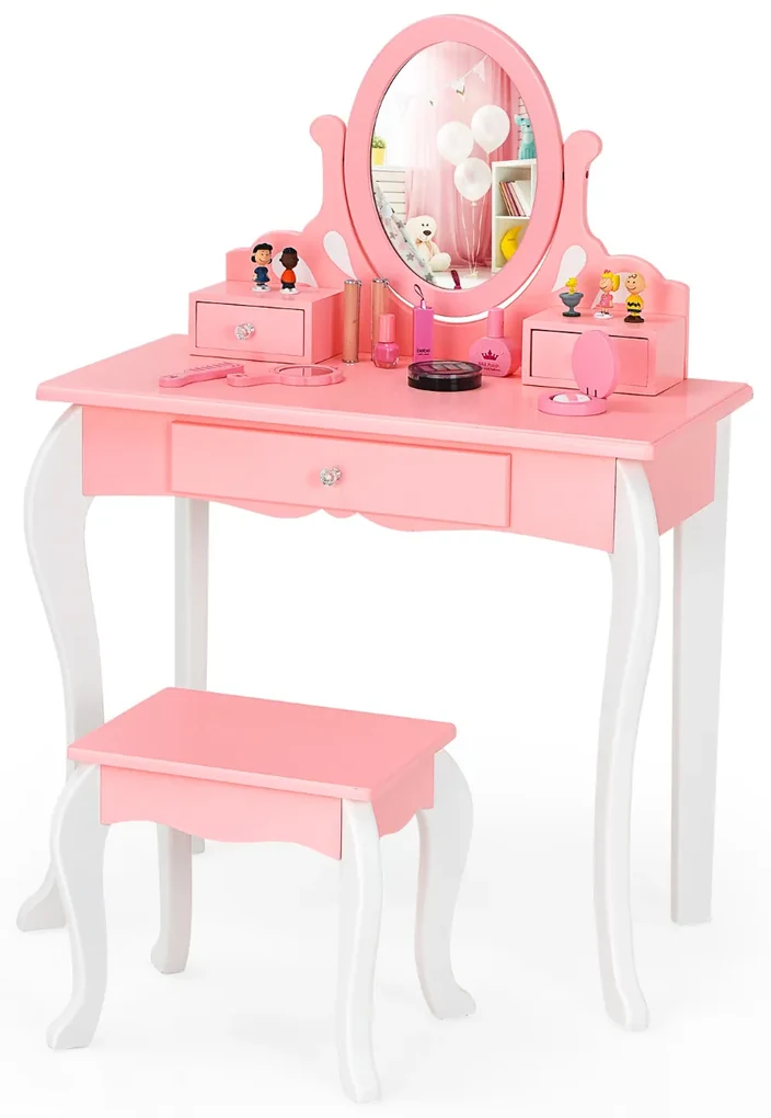 Conjunto de Toucador e banco para crianças Mesa de Maquilhagem Princesa  para Meninas com Espelho Rotativo 360° Removível 3 Gavetas Rosa e Branco