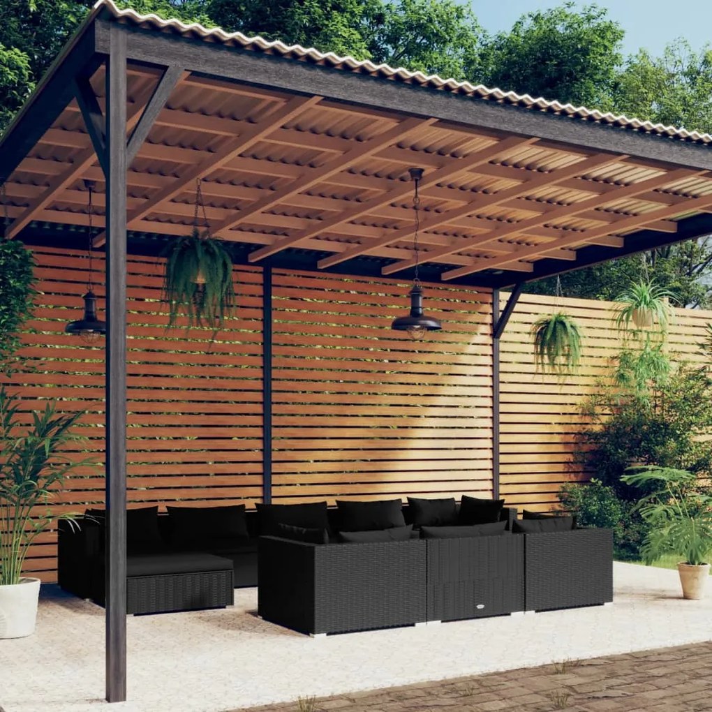 10 pcs conjunto lounge de jardim c/ almofadões vime PE preto