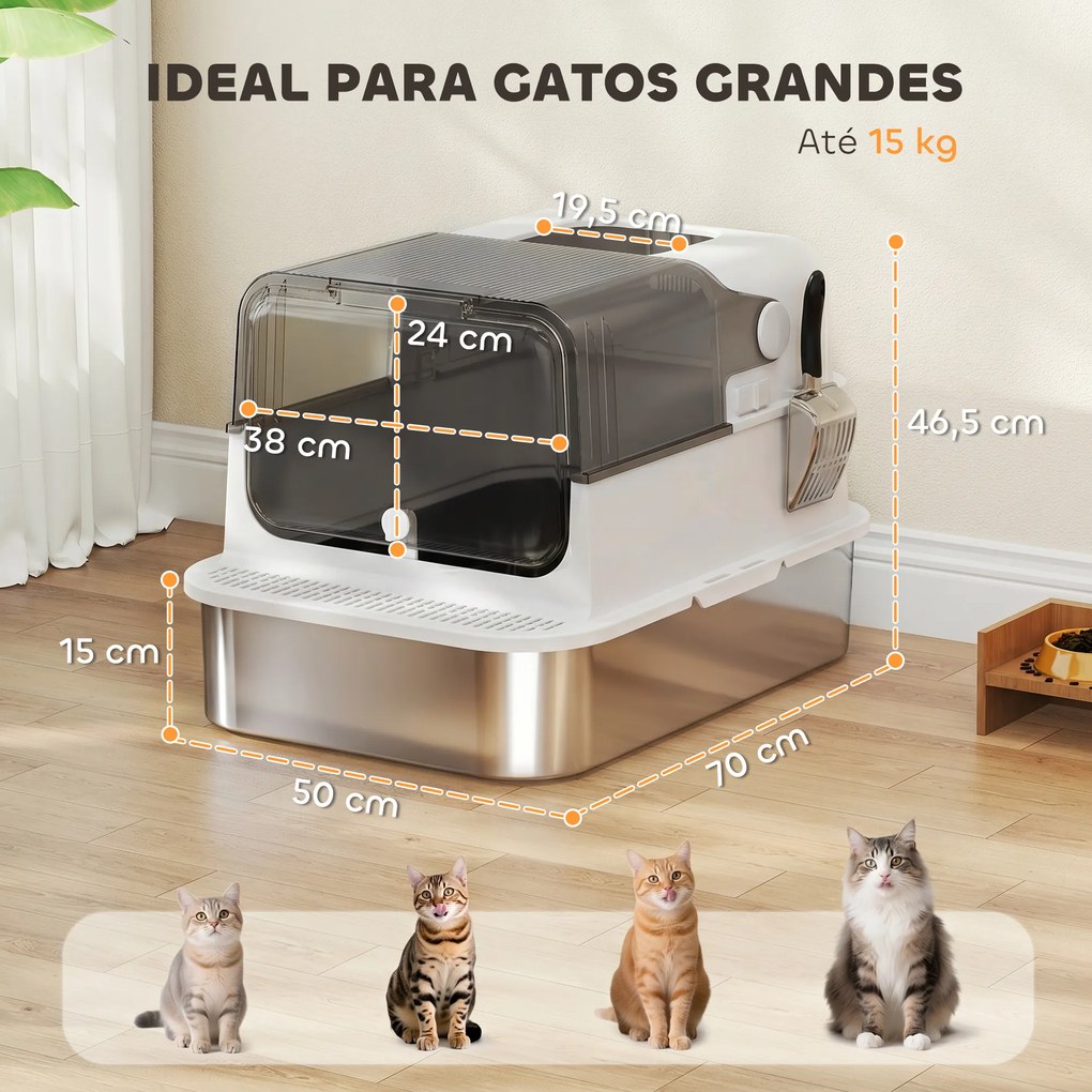 Caixa de Areia para Gatos XXL em Aço Inoxidável com Tampa Basculante, Laterais Altas e Entrada Superior - Branco