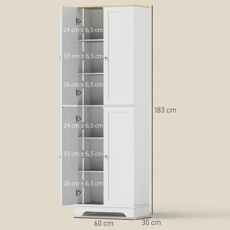 Armário de Cozinha Armário Alto de Cozinha Móvel Auxiliar de Cozinha com 4 Portas e Prateleiras Ajustáveis 60x30x183 cm Branco