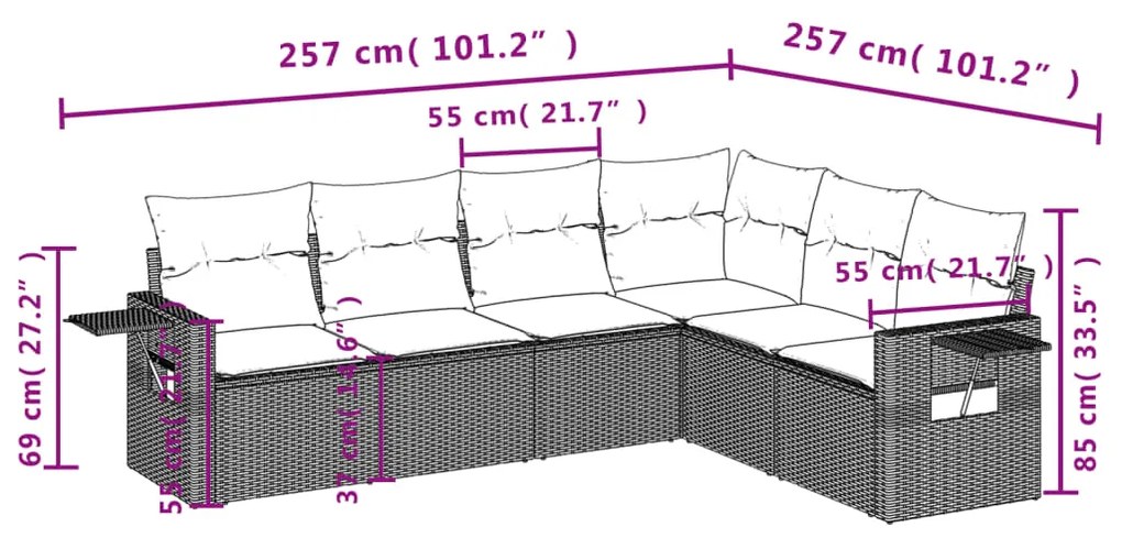 6 pcs conjunto sofás de jardim c/ almofadões vime PE preto