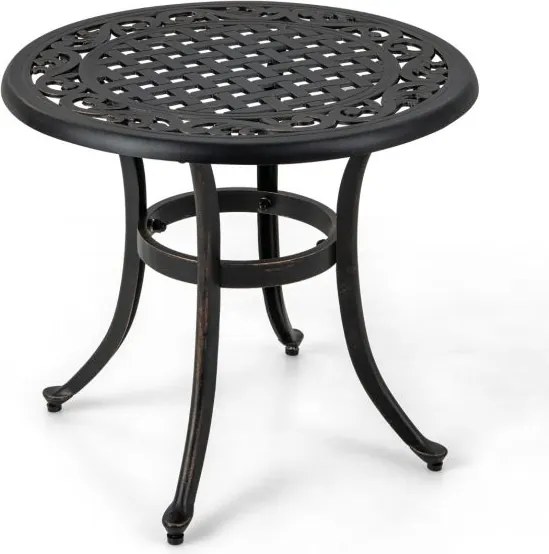 Conjunto jardim de 2 cadeiras empilháveis em alumínio fundido com braços e mesa auxiliar redonda para exterior (jardim, terraço), cor bronze